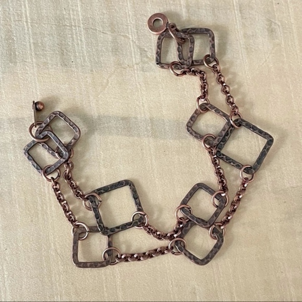 $49 SALE Handmade Hammered Copper Dual Strand Chain Bracelet 7.5” Boho Geometric